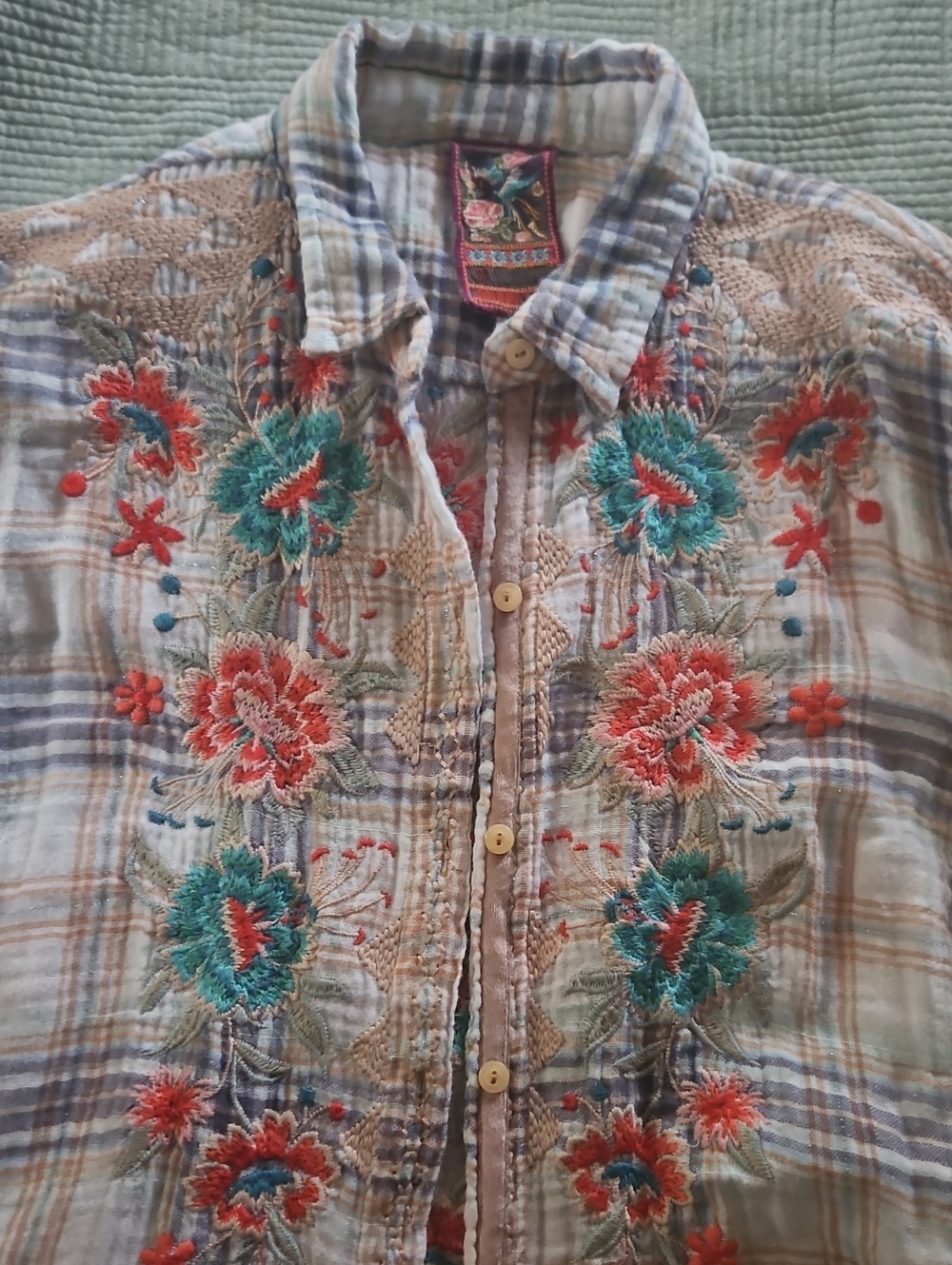 Johnny Was Plaid Button-Front Shirt with Teal and Coral Embroidery